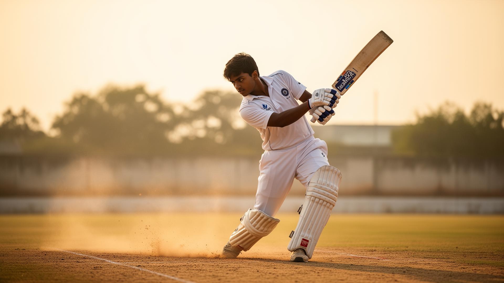 Young Indian cricket batsman playing a cover drive at golden hour