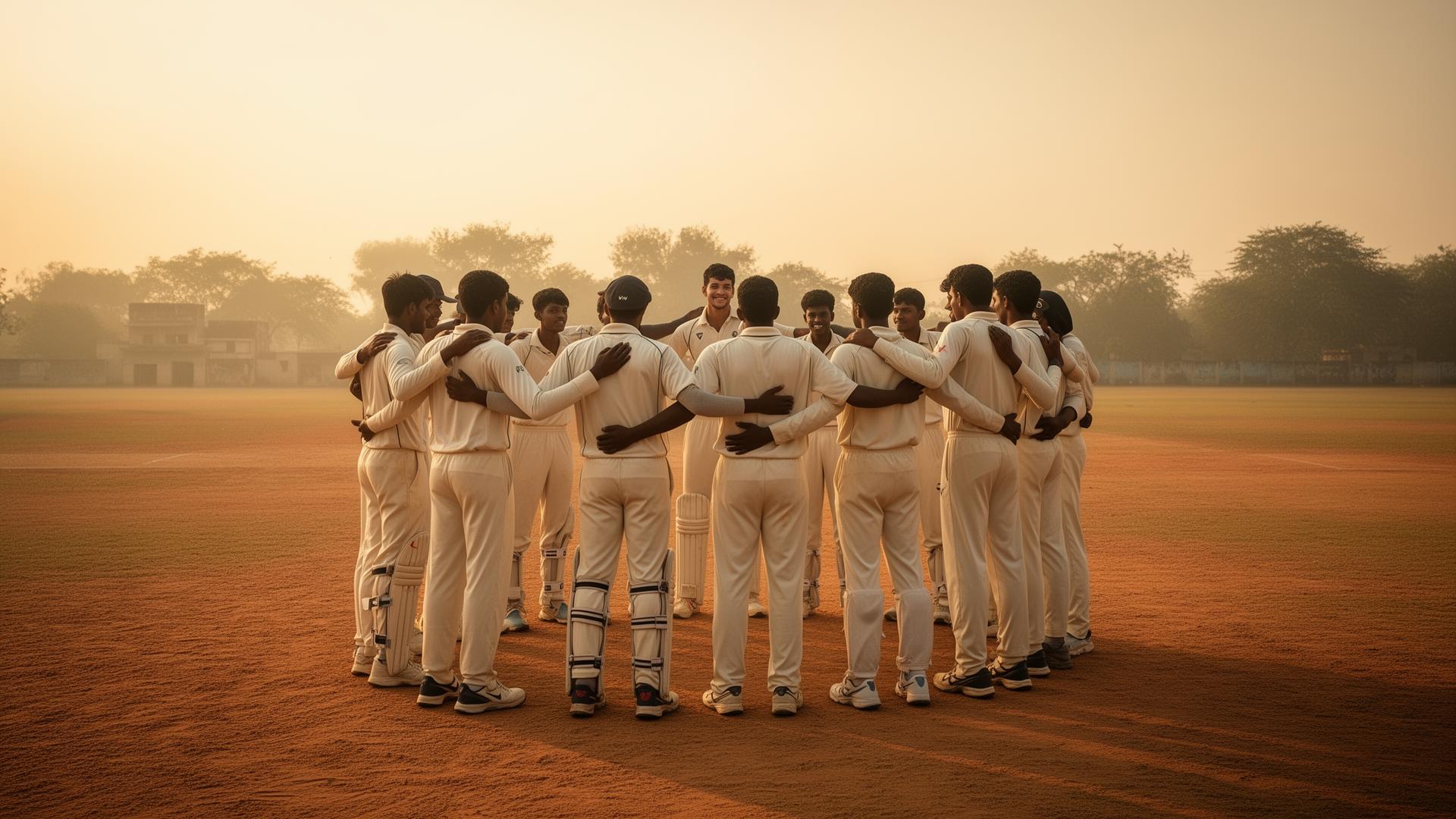 Cricketers in pre-match huddle on a Nagpur ground at sunrise
